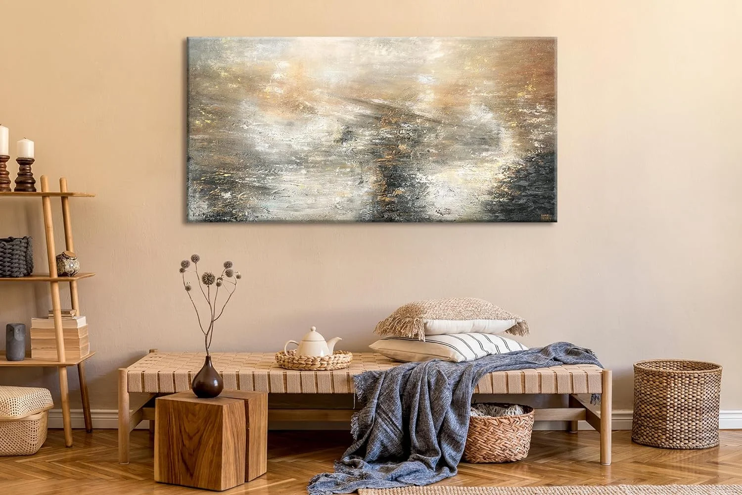 YS-Art Pintura abstracta sobre lienzo en acrílico Poder elemental arte abstracto Pintura hecha a mano en tonos grises y dorados 120x60 cm - Imagen 6