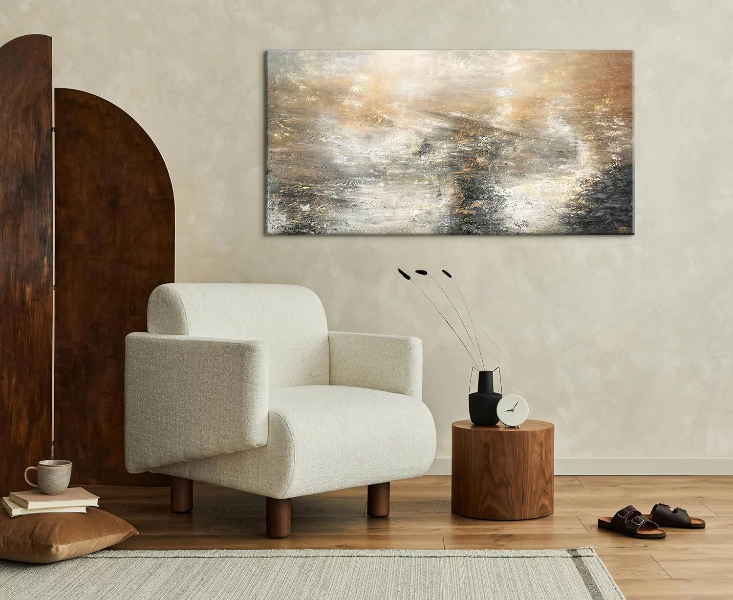 YS-Art Pintura abstracta sobre lienzo en acrílico Poder elemental arte abstracto Pintura hecha a mano en tonos grises y dorados 120x60 cm - Imagen 7
