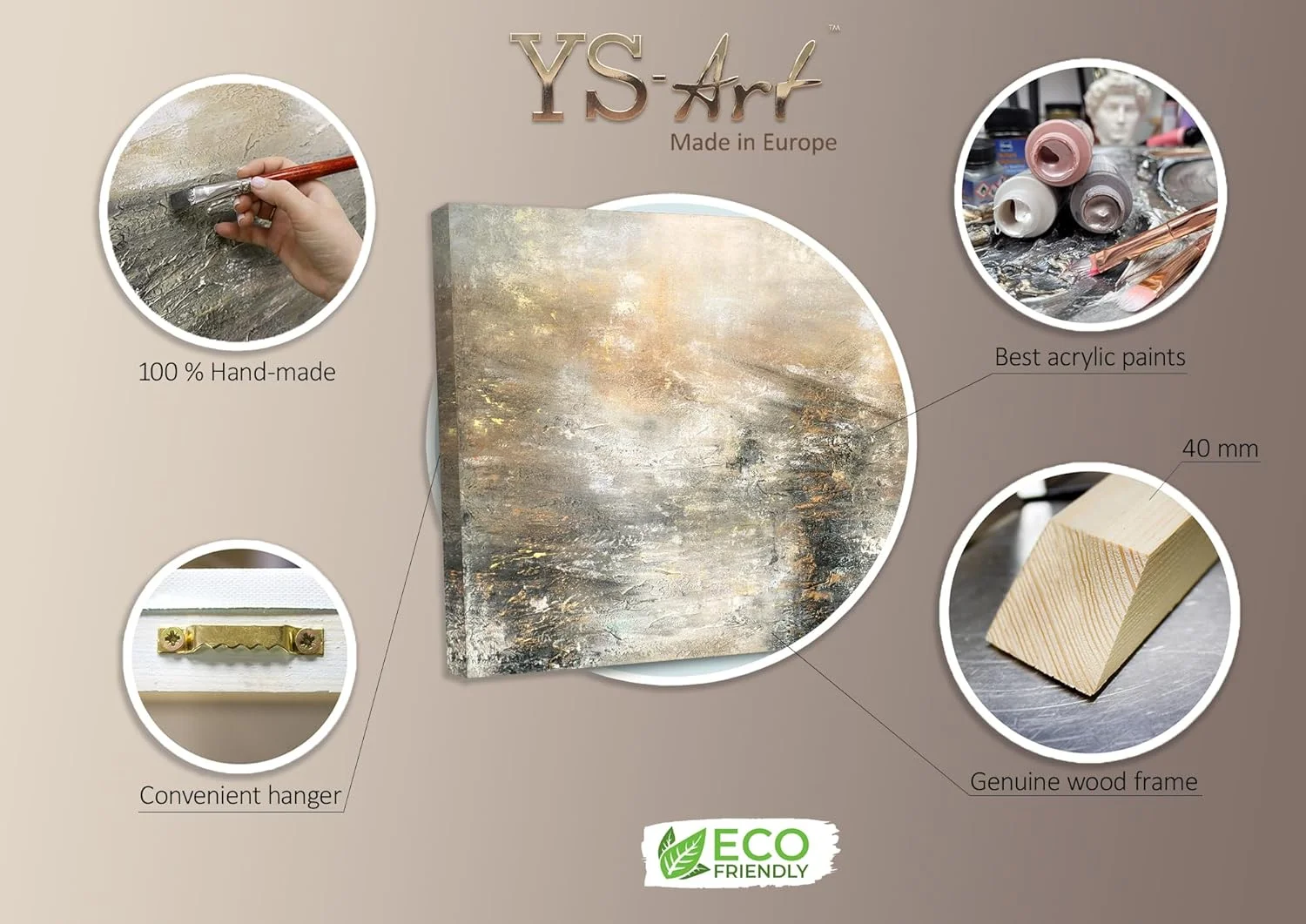YS-Art Pintura abstracta sobre lienzo en acrílico Poder elemental arte abstracto Pintura hecha a mano en tonos grises y dorados 120x60 cm - Imagen 9