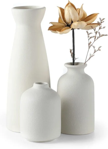 Conjunto de jarrones de cerámica - 3 jarrones pequeños para decoración, utilizados en la Mesa de la Boda, Fiesta, Sala de Estar, Dormitorio de Oficina, Decoración Minimalista Bohemia (Blanco) - CEMABT