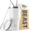 Termo Café para Llevar - 900ml I Blanco Ártico I Taza Térmica de Acero Inoxidable Reusable I Taza Viajera de Doble Pared al Vacío I 2 Pajitas y Cepillo de Limpieza I para Café Frío o Caliente - BEAST