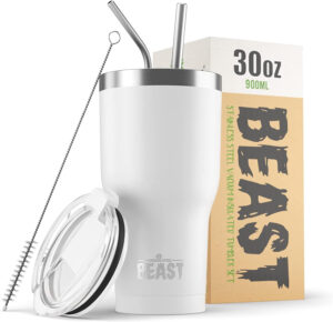 Termo Café para Llevar - 900ml I Blanco Ártico I Taza Térmica de Acero Inoxidable Reusable I Taza Viajera de Doble Pared al Vacío I 2 Pajitas y Cepillo de Limpieza I para Café Frío o Caliente - BEAST