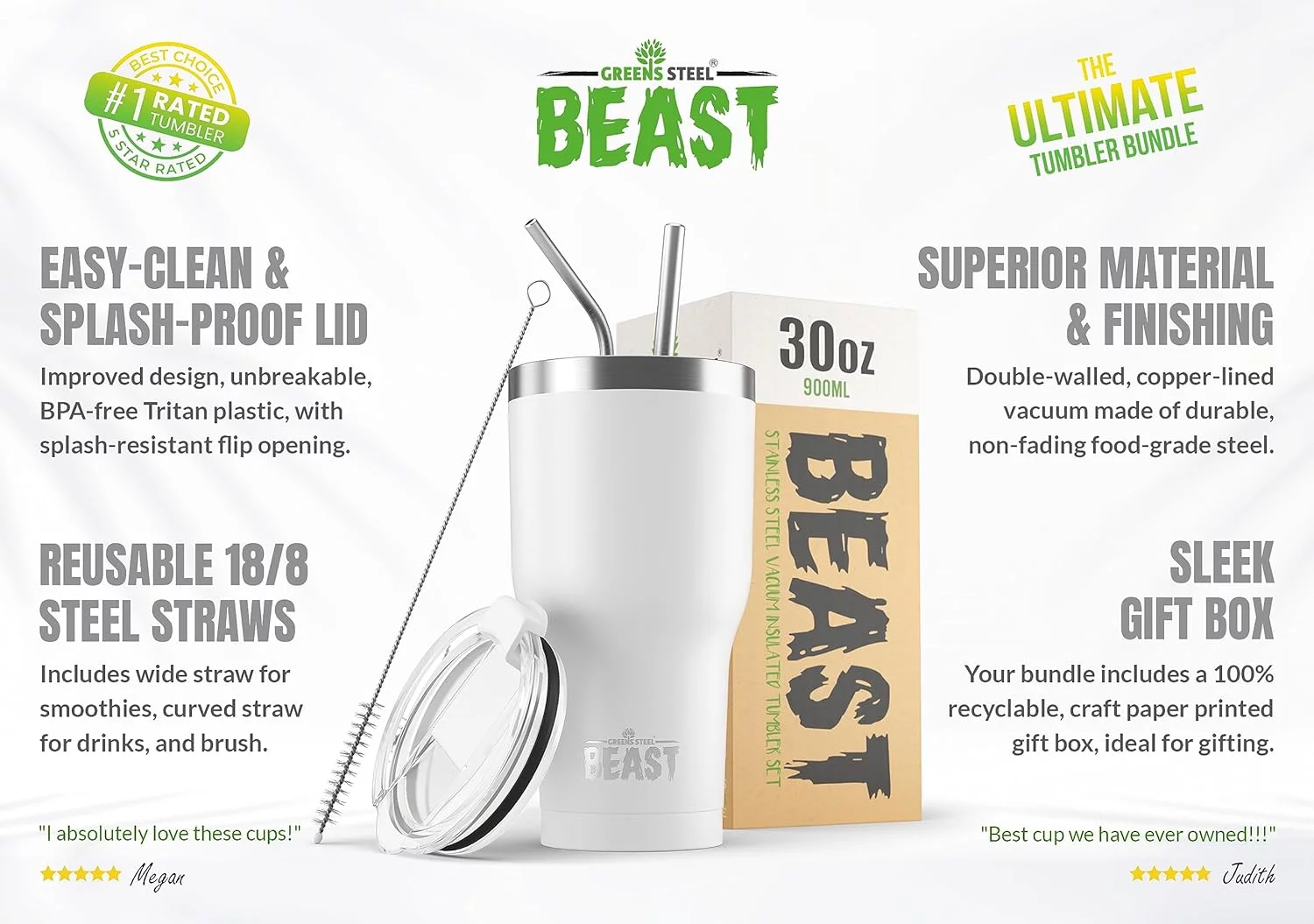 Termo Café para Llevar - 900ml I Blanco Ártico I Taza Térmica de Acero Inoxidable Reusable I Taza Viajera de Doble Pared al Vacío I 2 Pajitas y Cepillo de Limpieza I para Café Frío o Caliente - BEAST - Imagen 2