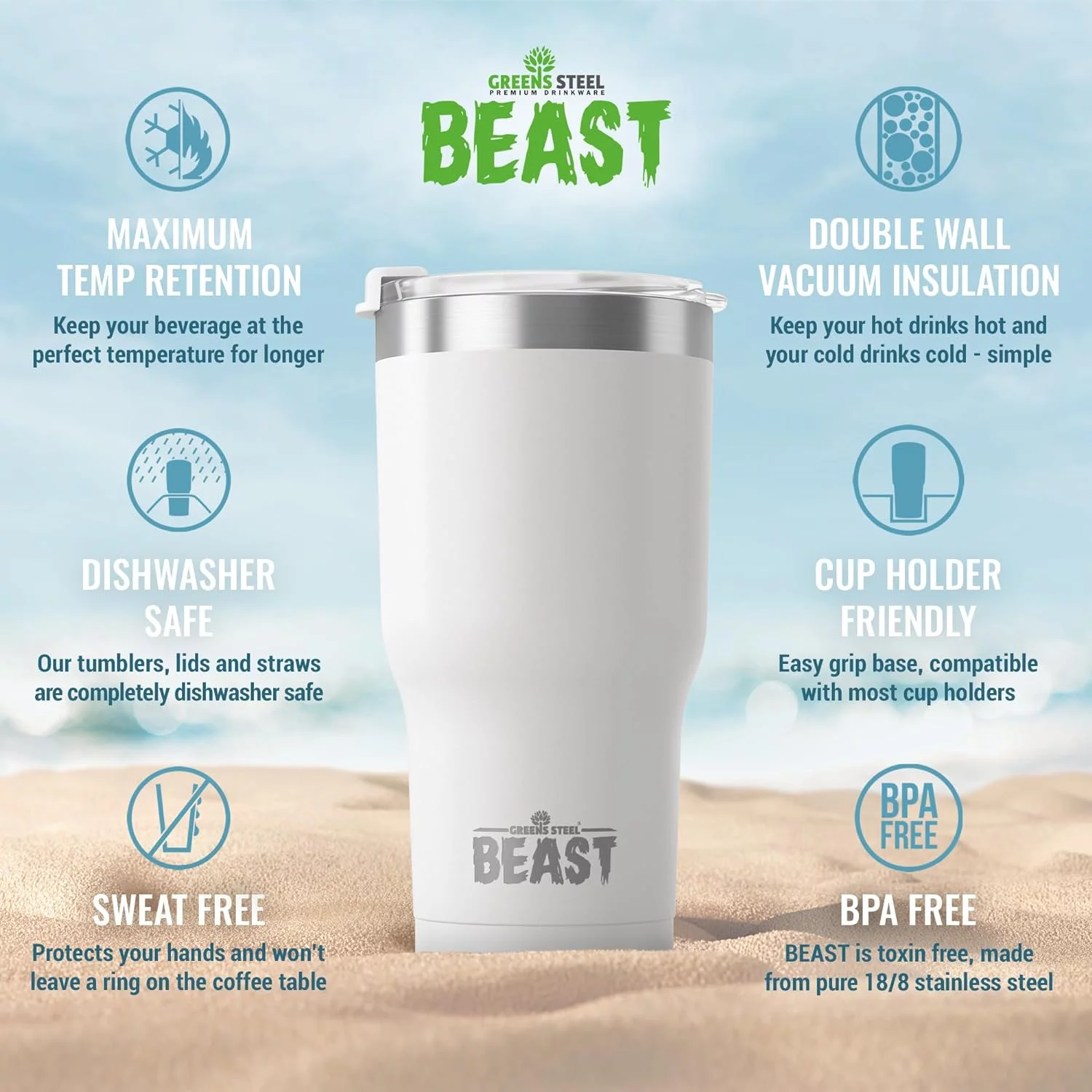 Termo Café para Llevar - 900ml I Blanco Ártico I Taza Térmica de Acero Inoxidable Reusable I Taza Viajera de Doble Pared al Vacío I 2 Pajitas y Cepillo de Limpieza I para Café Frío o Caliente - BEAST - Imagen 6