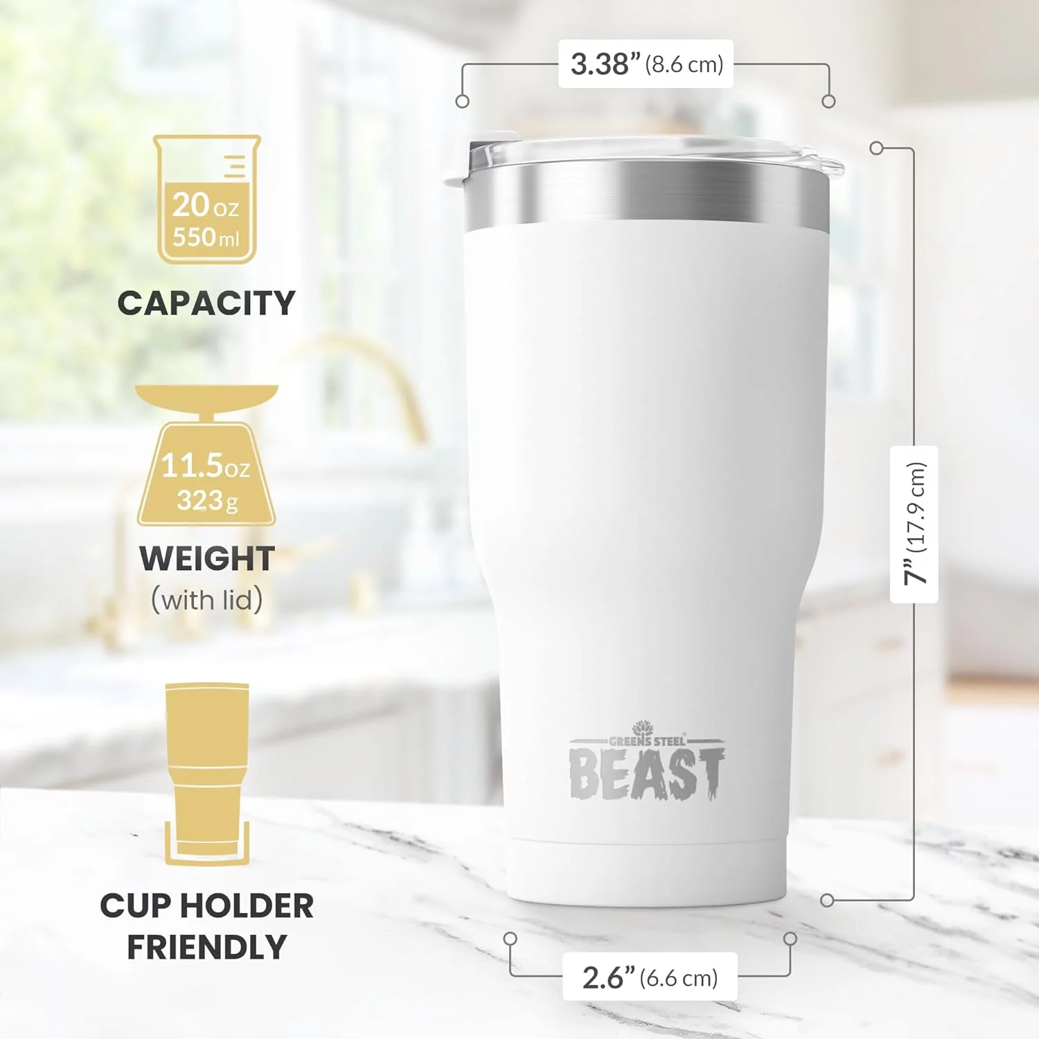 Termo Café para Llevar - 900ml I Blanco Ártico I Taza Térmica de Acero Inoxidable Reusable I Taza Viajera de Doble Pared al Vacío I 2 Pajitas y Cepillo de Limpieza I para Café Frío o Caliente - BEAST - Imagen 7