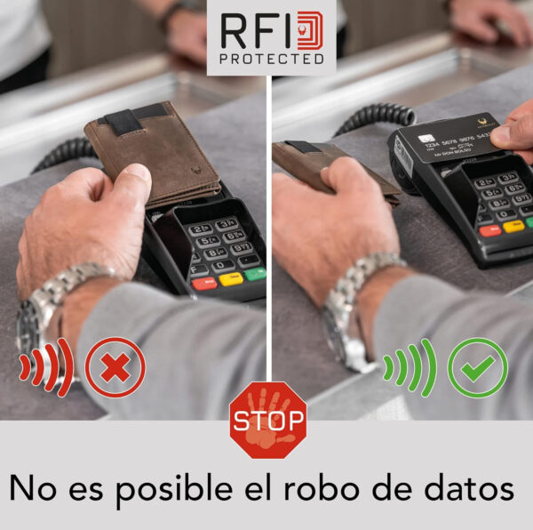 Uso de la cartera con protección RFID de cuero genuino en un terminal de pago Using the genuine leather wallet with RFID protection at a payment terminal