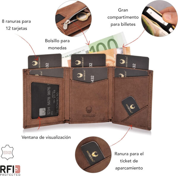 Interior de la cartera con protección RFID de cuero genuino mostrando compartimentos Interior of the genuine leather wallet with RFID protection showing compartments