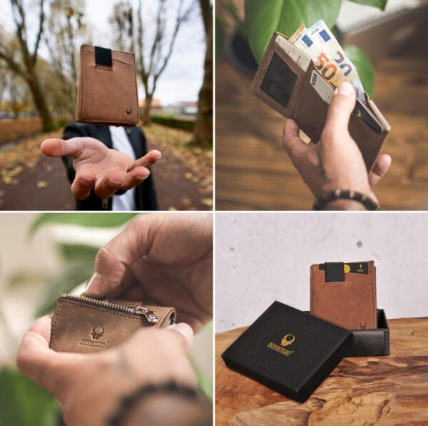 Cartera con protección RFID de cuero genuino en diferentes situaciones de uso Genuine leather wallet with RFID protection in various use situations