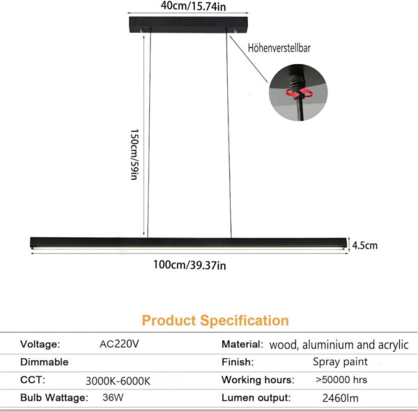 Lampara Colgante Cocina LED Moderna, 100cm Lampara techo Colgante Negro Regulable con Control Remoto, 36W Lampara Comedor lineal, Iluminación Colgante regulable altura para Comedor Cocina Oficina - Imagen 7