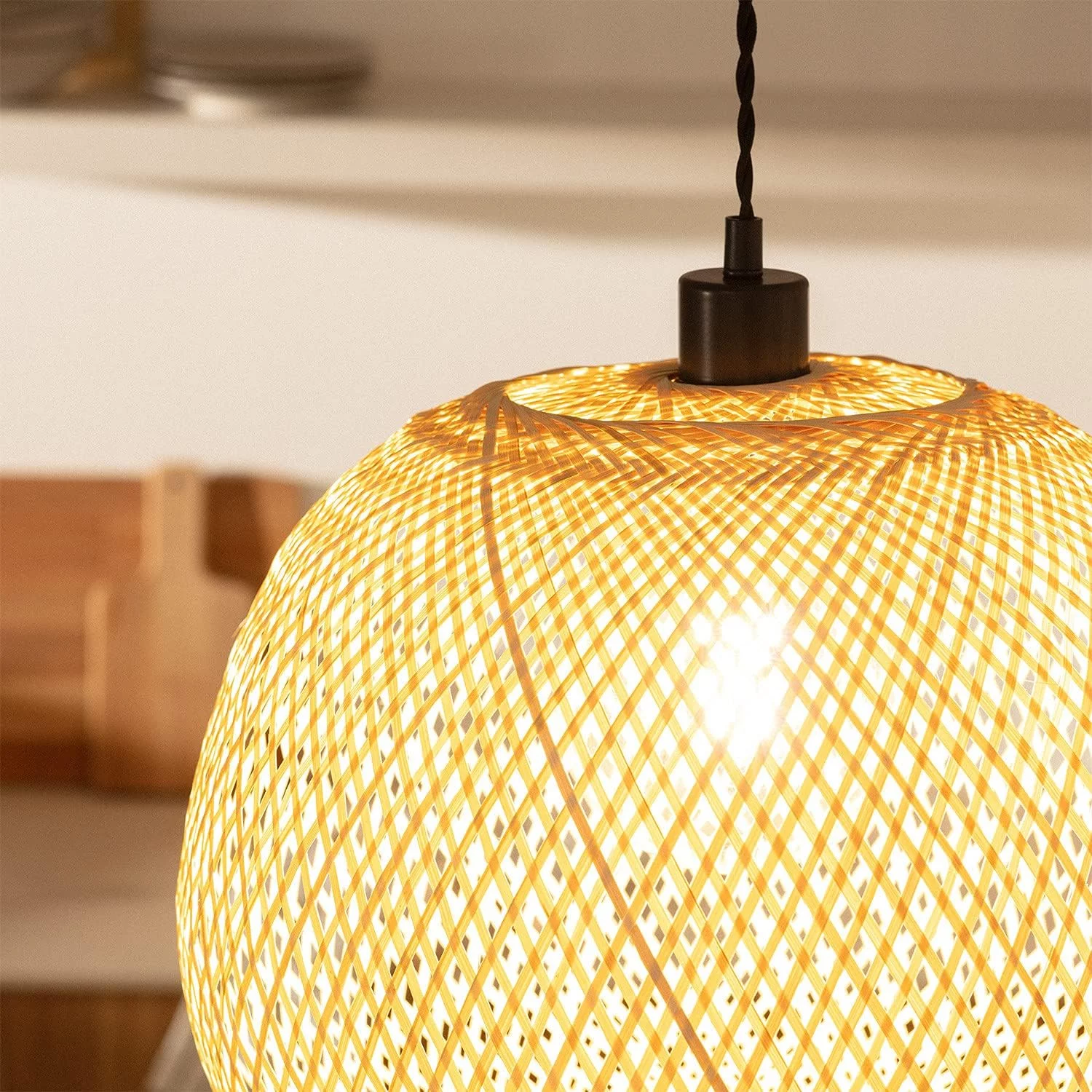 Lámpara Colgante Bambú Llata 320xØ390 mm Madera E27 Casquillo Gordo Bambú Decoración Salón, Habitación, Dormitorio, LEDKIA LIGHTING - Imagen 7
