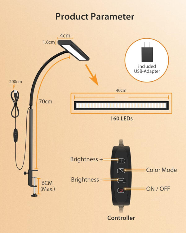 Lámpara de Escritorio con Pinza, 70CM Lámparas de Mesa más Brillantes 360° Lámpara de Lectura Flexible con Cargador USB para Trabajo Estudio o Lectura-Adaptador Incluido, iFalarila 160 LED - Imagen 8