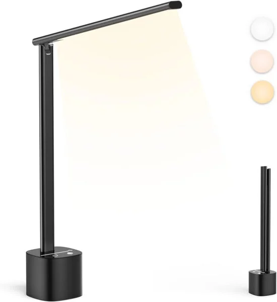 Hapfish Lampara de mesa recargable inalambrica, 5000mAh Flexo escritorio de aluminio, portatil, ajustable y plegable, Luz sin cables para mesita de noche, trabajo, interior y exterior (Negro)