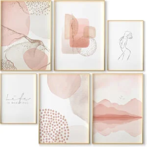 Láminas Decorativas Abstractas para Salón y Dormitorios, para Enmarcar, Decoración Pared Moderna Sin Marcos, Set de 4 x DIN A3 y 2 x DIN A4, Colección Abstracto, OHBIMBA