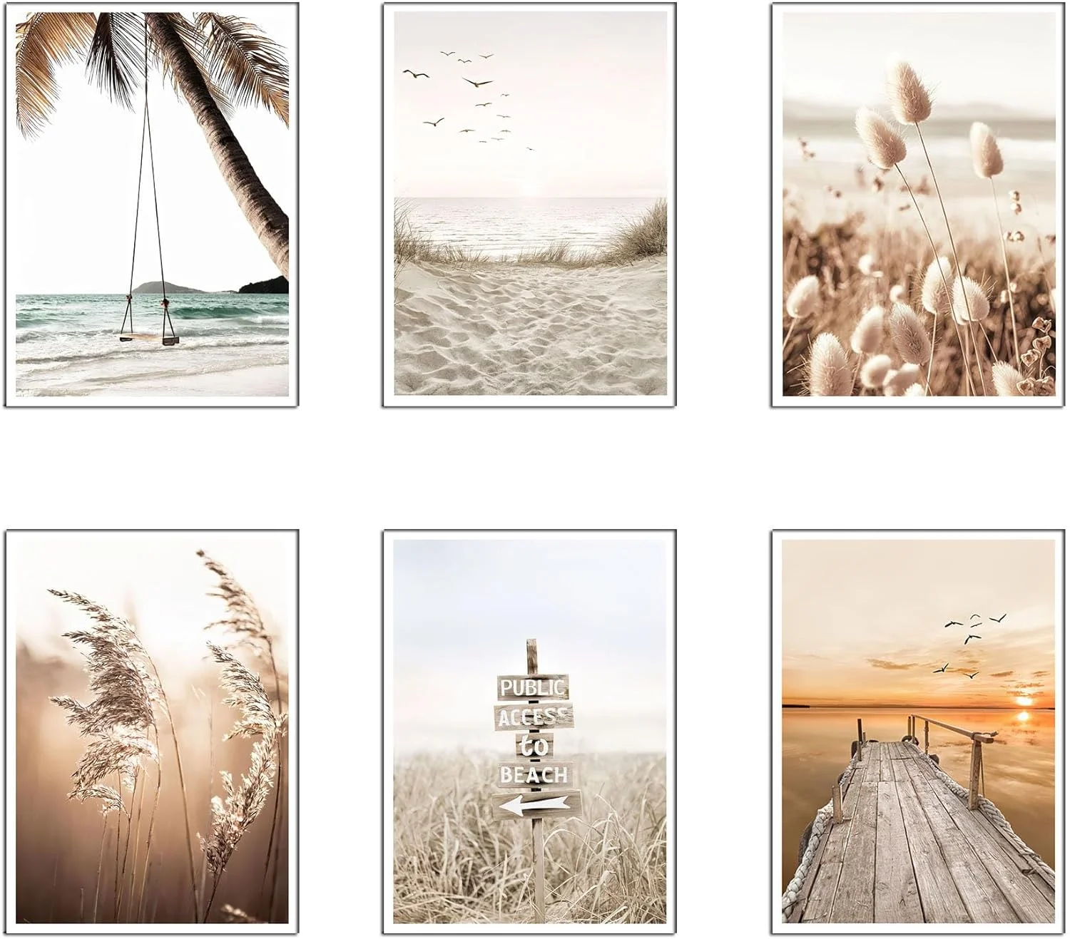 Set 6 Láminas A4 Decorativas Pared para Decoración Salón Moderno, Dormitorio, Habitación, SIN Marco, paisaje, playa, naturaleza, (29,7 x 21 cm), DKORARTE