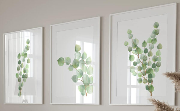 Arte De Pared Con Plantas De Eucalipto, Set de 3 Láminas Sin Marco, estilo botánico, Decoración abstracta, Estampado Tropical Verde (A4)