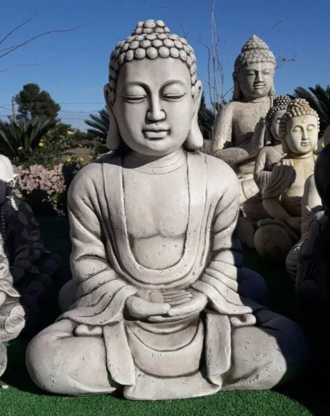 AnaParra Estatua Buda Tissa del Éxito 44x30x60cm. Figura Decorativa para Jardín o Exterior Hecho de Piedra Artificial | 38Kg. Color Natural Musgo