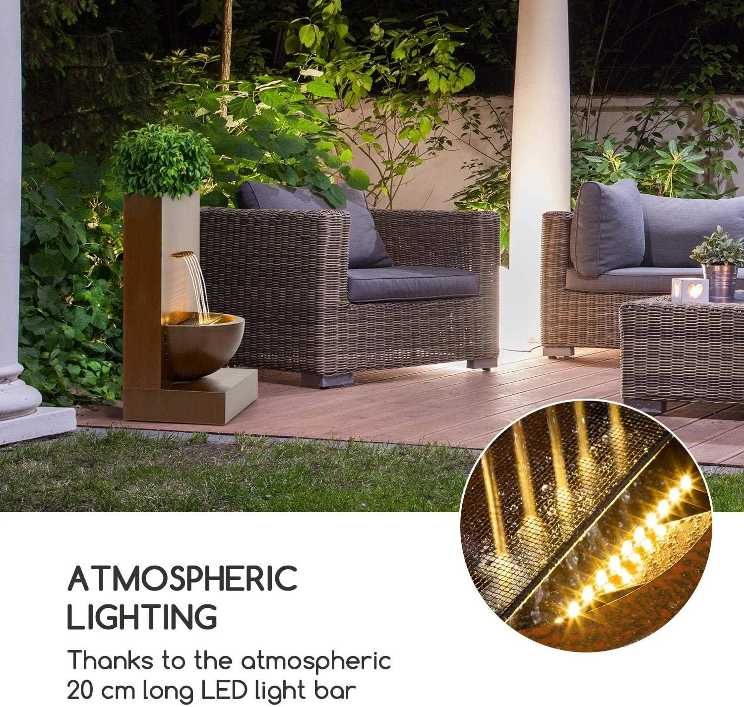 Blumfeldt Windflower Fuente para jardín - 11 W de Potencia, Incluye Cuenco para Plantas, para Dentro y Fuera, Caudal: 750 l/h, Iluminación LED, Metal galvanizado, Marrón - Imagen 6