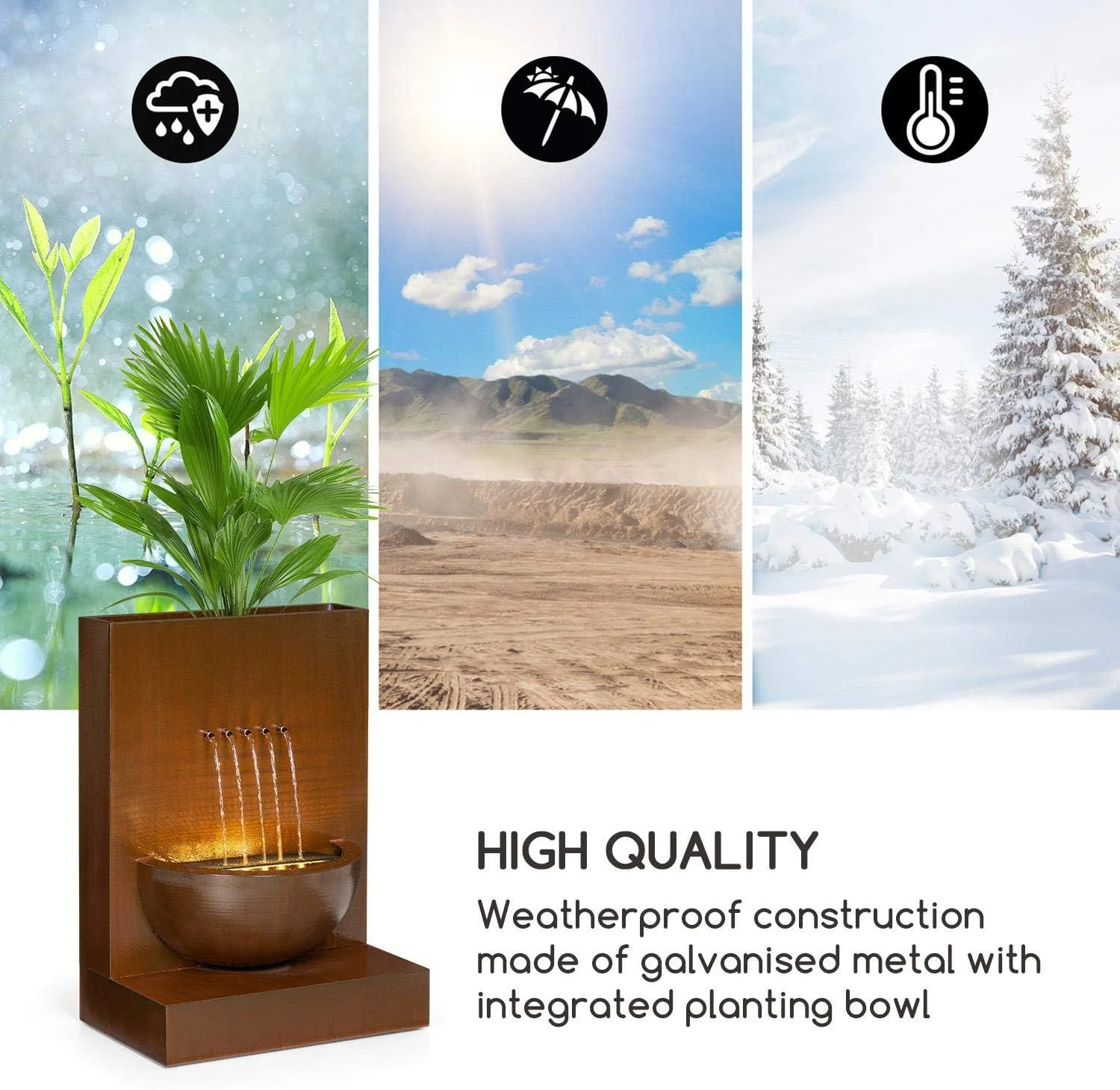 Blumfeldt Windflower Fuente para jardín - 11 W de Potencia, Incluye Cuenco para Plantas, para Dentro y Fuera, Caudal: 750 l/h, Iluminación LED, Metal galvanizado, Marrón - Imagen 7