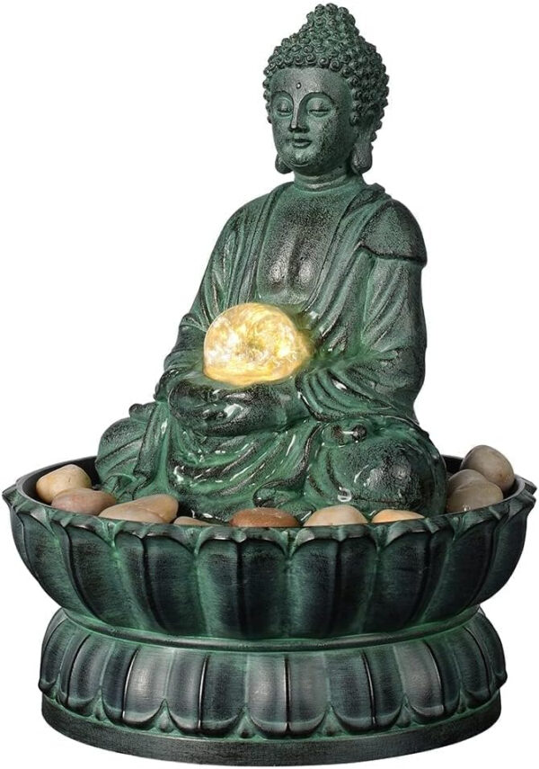 Fuente de mesa para interiores con Buda sentado, fuente de agua decorativa con bola rodante de cristal, LED, piedra y decoración del hogar, 9.4 pulgadas, Haobos (21127A)