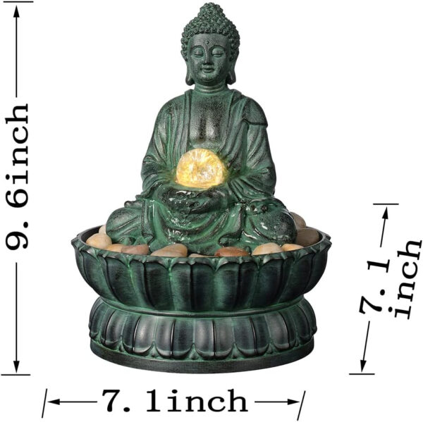 Haobos Fuente de mesa para interiores, exquisita fuente de Buda sentado, fuente de agua decorativa con bola rodante de cristal, LED, piedra y decoración del hogar, 9.4 pulgadas (21127A) - Imagen 2