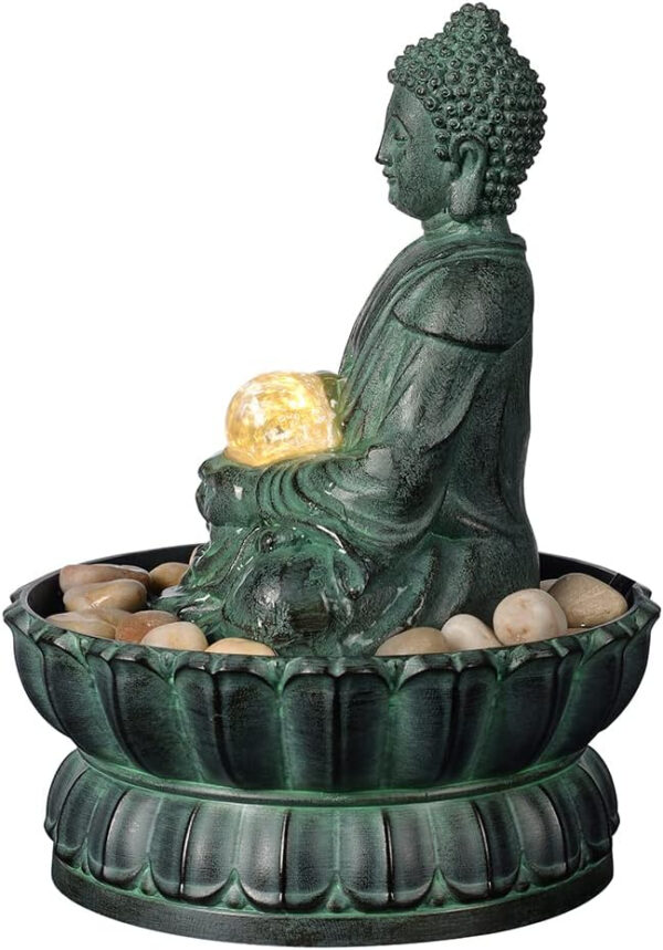 Haobos Fuente de mesa para interiores, exquisita fuente de Buda sentado, fuente de agua decorativa con bola rodante de cristal, LED, piedra y decoración del hogar, 9.4 pulgadas (21127A) - Imagen 3