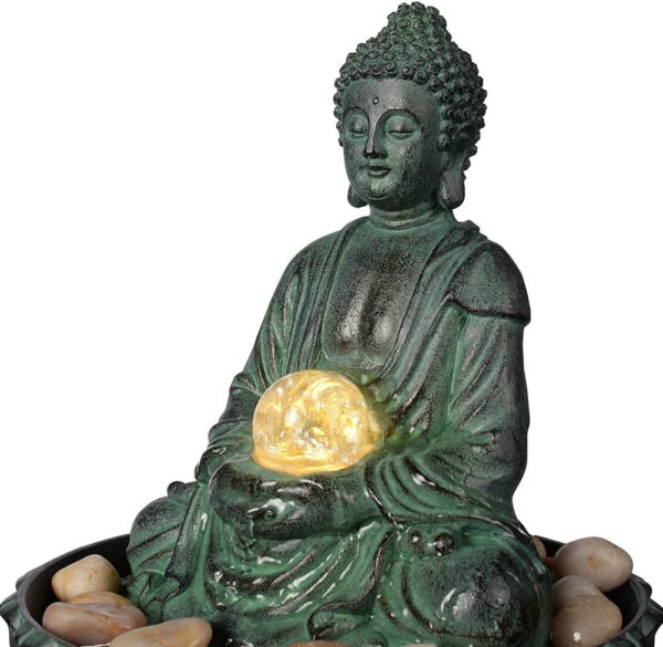 Haobos Fuente de mesa para interiores, exquisita fuente de Buda sentado, fuente de agua decorativa con bola rodante de cristal, LED, piedra y decoración del hogar, 9.4 pulgadas (21127A) - Imagen 5