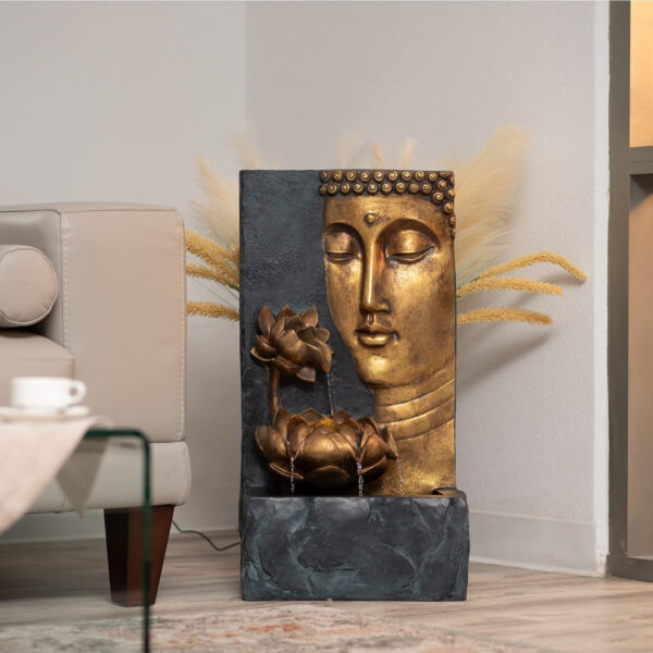 Fuente de agua Zen con cara de Buda de 30 pulgadas de alto con luz LED y bomba, independiente para interiores y exteriores, decoración zen relajante, fuente de poliresina gris, XBrand