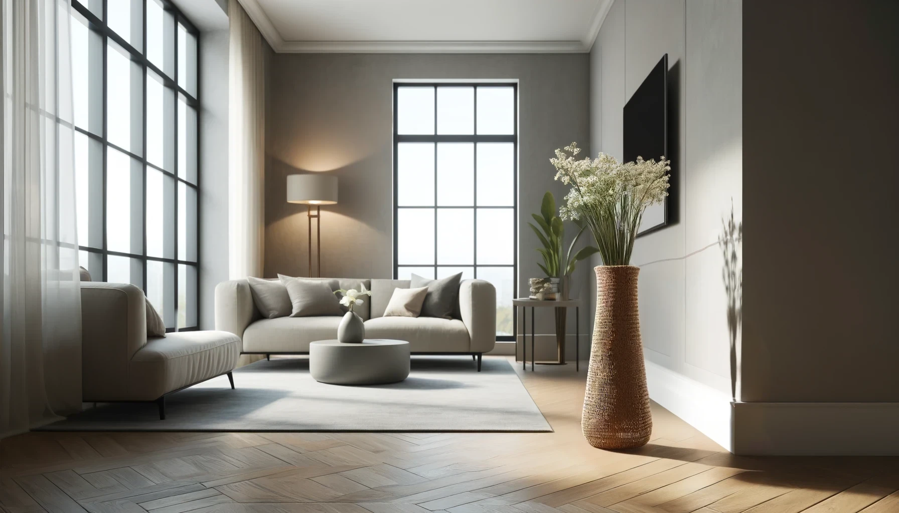 Jarron decorativo de suelo grande colocado estratégicamente en un rincón acogedor del salón, complementando el espacio con elegancia.