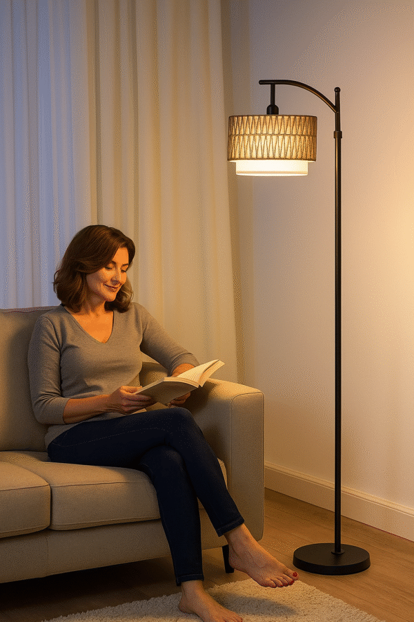 Rayofly Adjustable Rattan Floor Lamp with Remote Control and LED Bulb, App-Controlled, Boho Floor Lamp with Rattan and Linen Shade, Vintage Floor Lamp for Living Room, Bedroom - Image 2