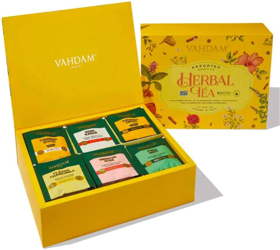 VAHDAM, Surtido de Tisanas para Regalo (6 Variedades, 60 Bolsitas de Té Piramidales) Pack de Té Variado – de Hoja Larga | Regalos para Mujeres y Hombres-herbal