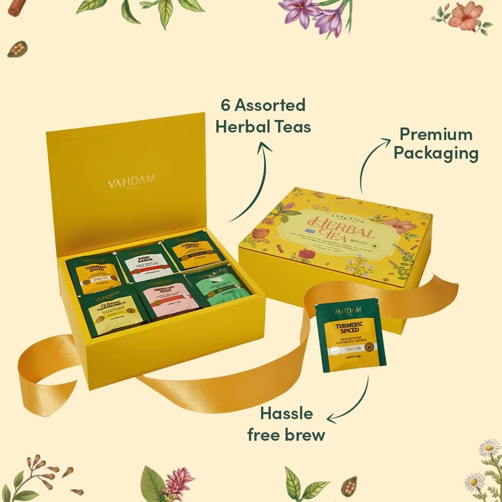 VAHDAM, Surtido de Tisanas para Regalo (6 Variedades, 60 Bolsitas de Té Piramidales) Pack de Té Variado – de Hoja Larga | Regalos para Mujeres y Hombres-herbal - Imagen 2