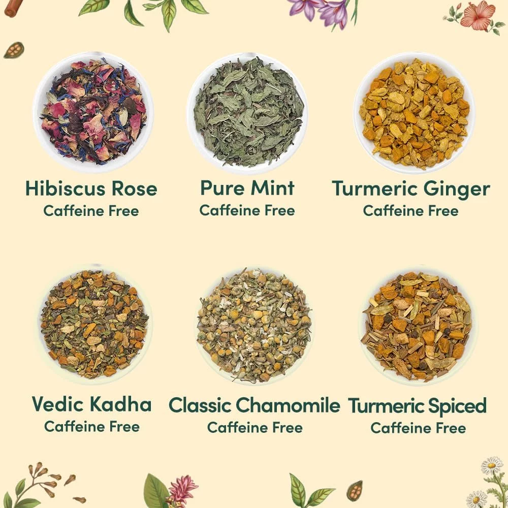 VAHDAM, Surtido de Tisanas para Regalo (6 Variedades, 60 Bolsitas de Té Piramidales) Pack de Té Variado – de Hoja Larga | Regalos para Mujeres y Hombres-herbal - Imagen 4