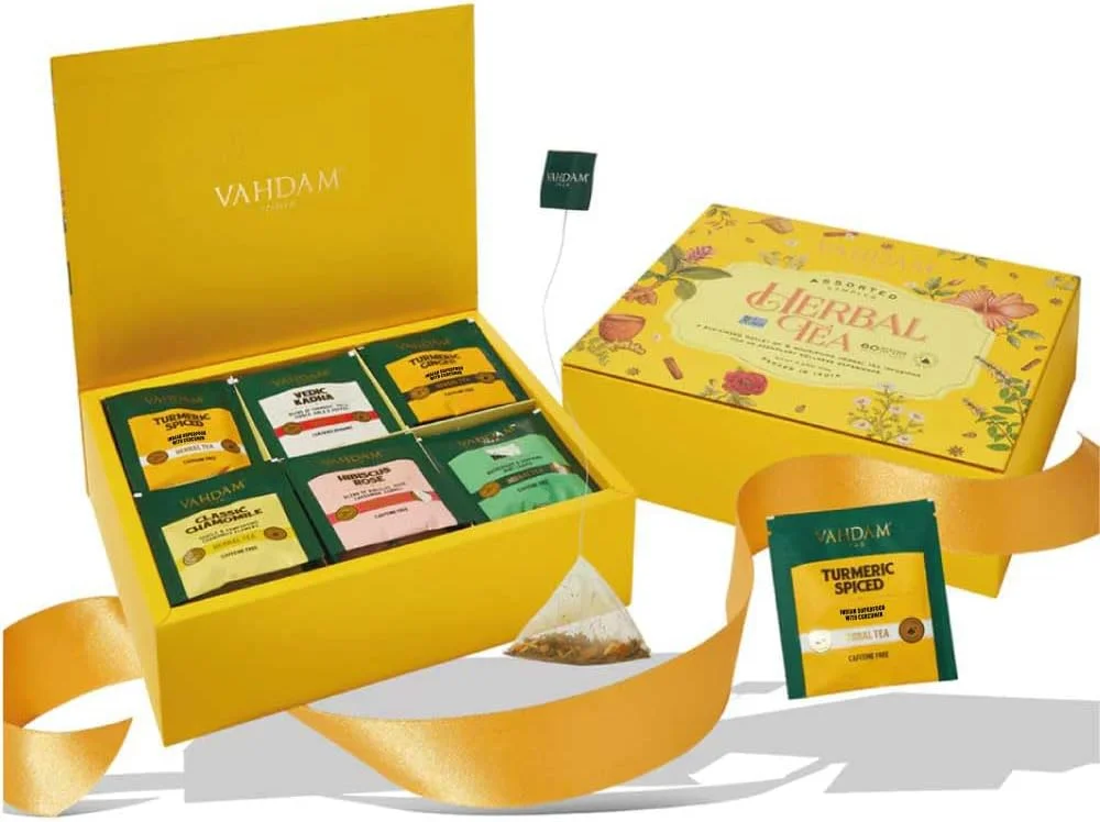 VAHDAM, Surtido de Tisanas para Regalo (6 Variedades, 60 Bolsitas de Té Piramidales) Pack de Té Variado – de Hoja Larga | Regalos para Mujeres y Hombres-herbal - Imagen 6