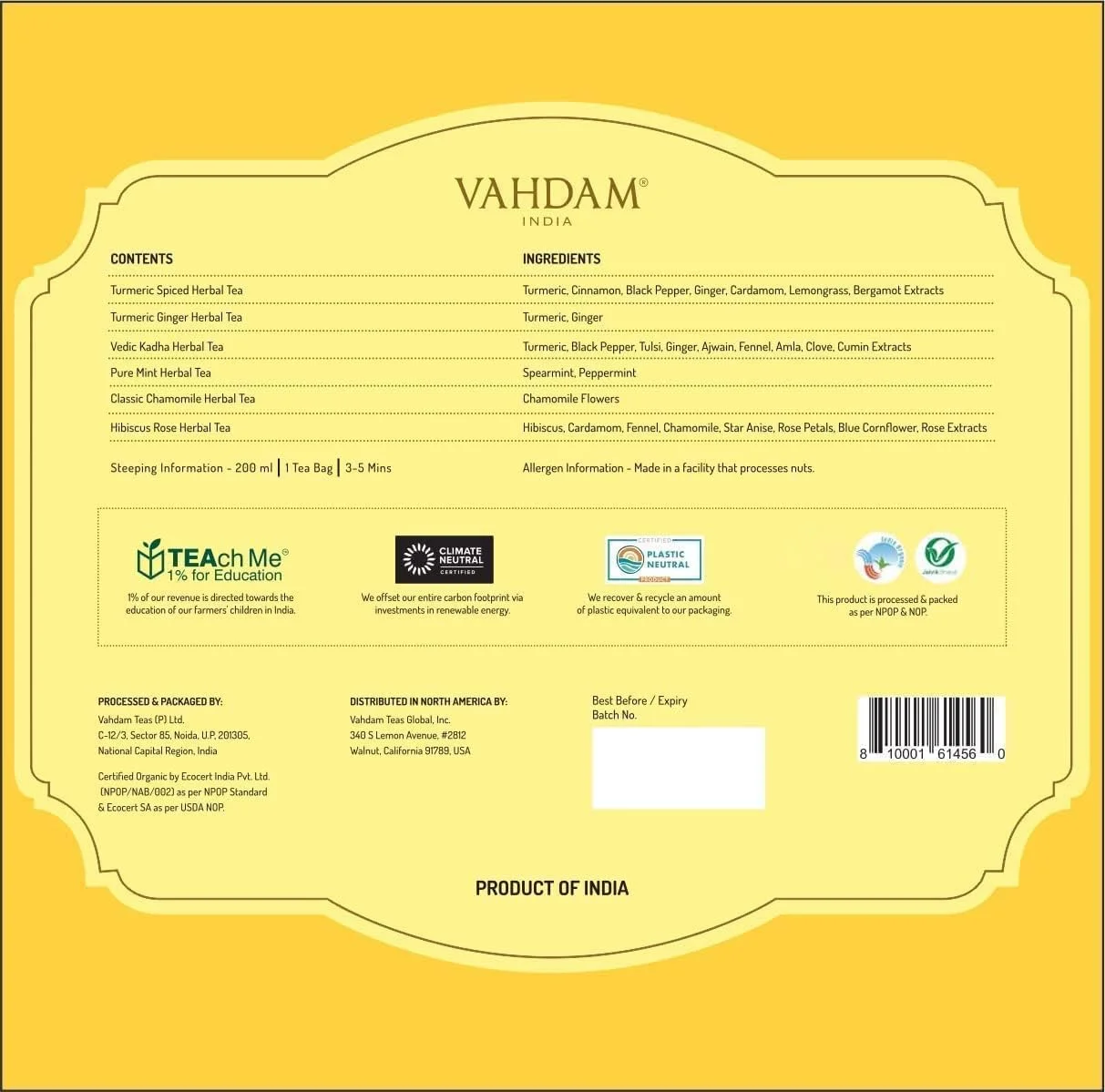 VAHDAM, Surtido de Tisanas para Regalo (6 Variedades, 60 Bolsitas de Té Piramidales) Pack de Té Variado – de Hoja Larga | Regalos para Mujeres y Hombres-herbal - Imagen 8