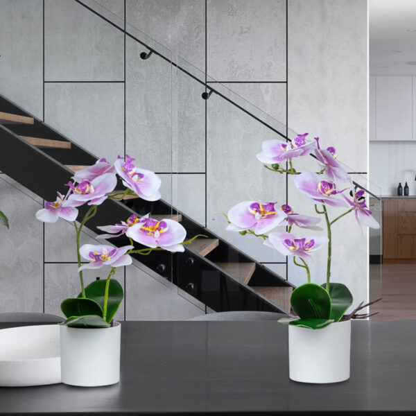 XONOR Flores de orquídeas Artificiales - 2 Piezas de Flores de orquídeas Falsas en macetas con jarrón de plástico para Centro de Mesa de Oficina en casa decoración de Fiesta de Boda(Morado) - Imagen 7