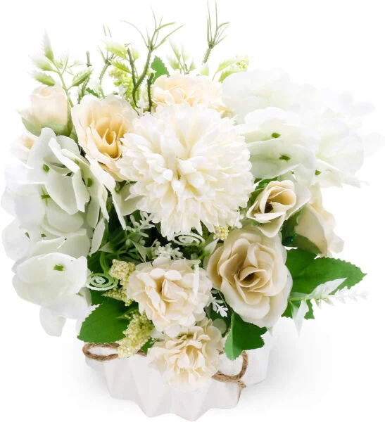 Yibaijia Flores Artificiales con Jarrón, Arreglos Flores de Seda Rosas Hortensia, Maceta para Decoración Hogar, Mesa de Boda, Ventana, Dormitorio, Oficina, Fiesta (Blanco)