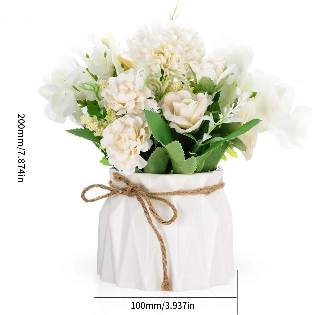 Yibaijia Flores Artificiales con Jarrón, Arreglos Flores de Seda Rosas Hortensia, Maceta para Decoración Hogar, Mesa de Boda, Ventana, Dormitorio, Oficina, Fiesta (Blanco) - Imagen 2