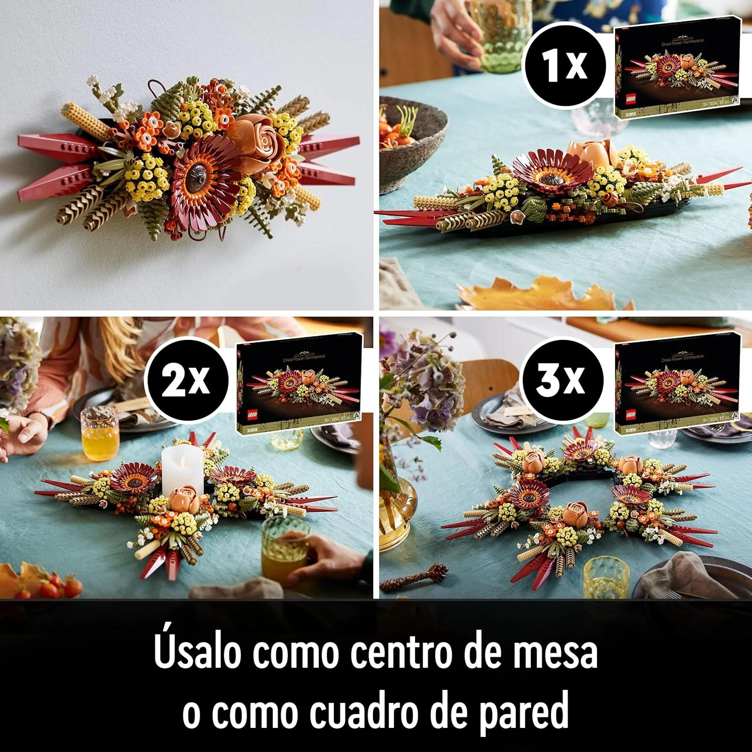 LEGO Icons Centro de Flores Secas, Manualidades para Adultos, Flores Artificiales, Rosa y Gerbera, Centro de Mesa o Cuadro de Pared, Botanical Collection 10314 - Imagen 5