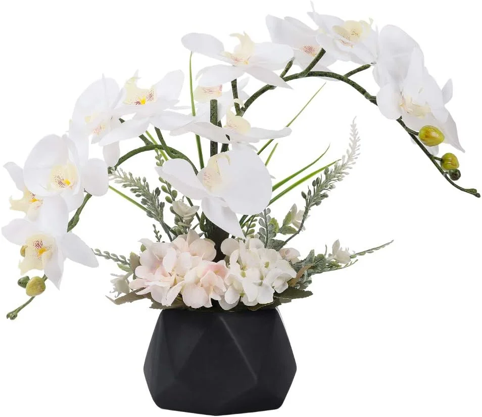 LESING Flores artificiales de ocdea artificial, arreglo de orquídea sintética con jarrón artificial, orquídea Phalaenopsis en jarrón para decoración del hogar (estilo 2, jarrón negro)