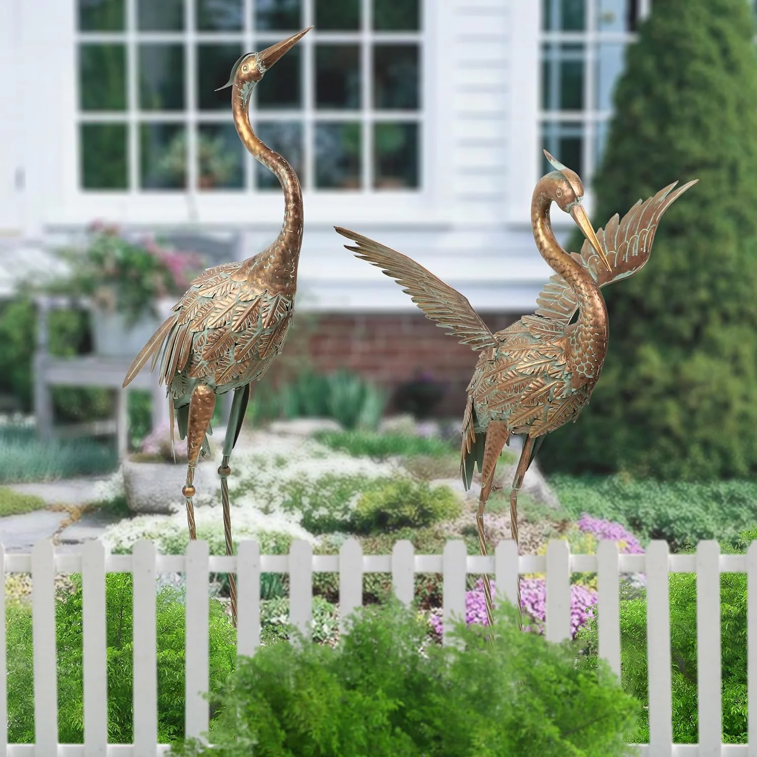 TERESA'S COLLECTIONS 2Pcs 85CM/99CM Garza para el Jardín Estatua de Jardín Grande, Decoración de Estatuas de Jardín de Pájaros de Grúa de Metal - Imagen 3