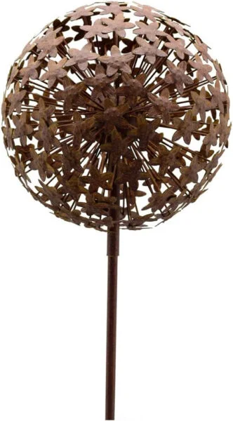 matches21 - Bola de flores de metal con estaca decorativa para el suelo, escultura de metal, aspecto oxidado, 1 unidad, diámetro 29 x 140 cm