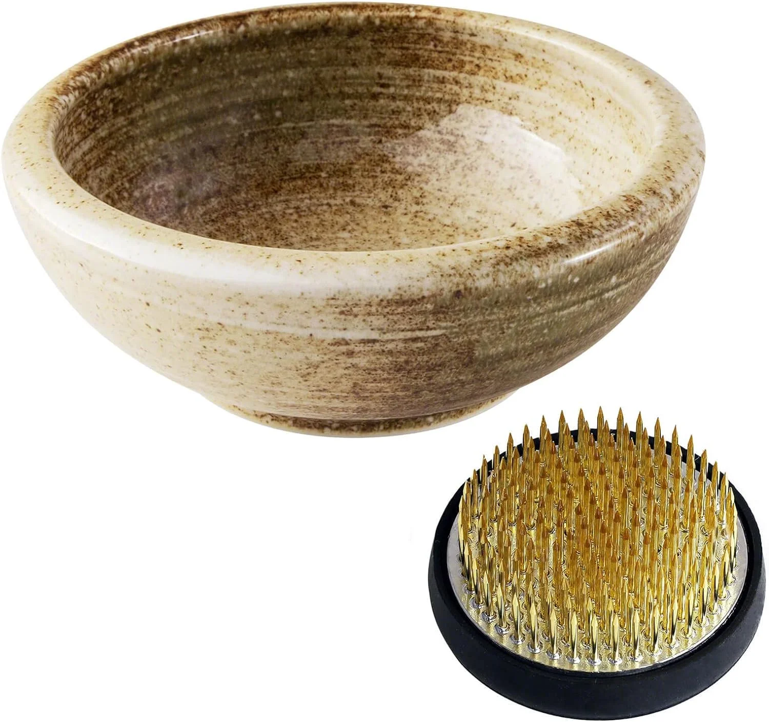 Wazakura Set Ikebana Esencial Minoyaki con jarrón Beige Arena y kenzan Redondo para arreglos Florales japoneses de Ikebana, florero de cerámica y kenzan de latón (61 mm)
