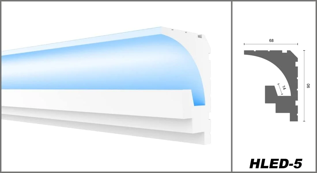HEXIMO LED molduras de estuco 2en1, iluminación indirecta molduras de techo XPS poliestireno perfil de iluminación abombado (1,7 Metros HLED 5) - Imagen 2