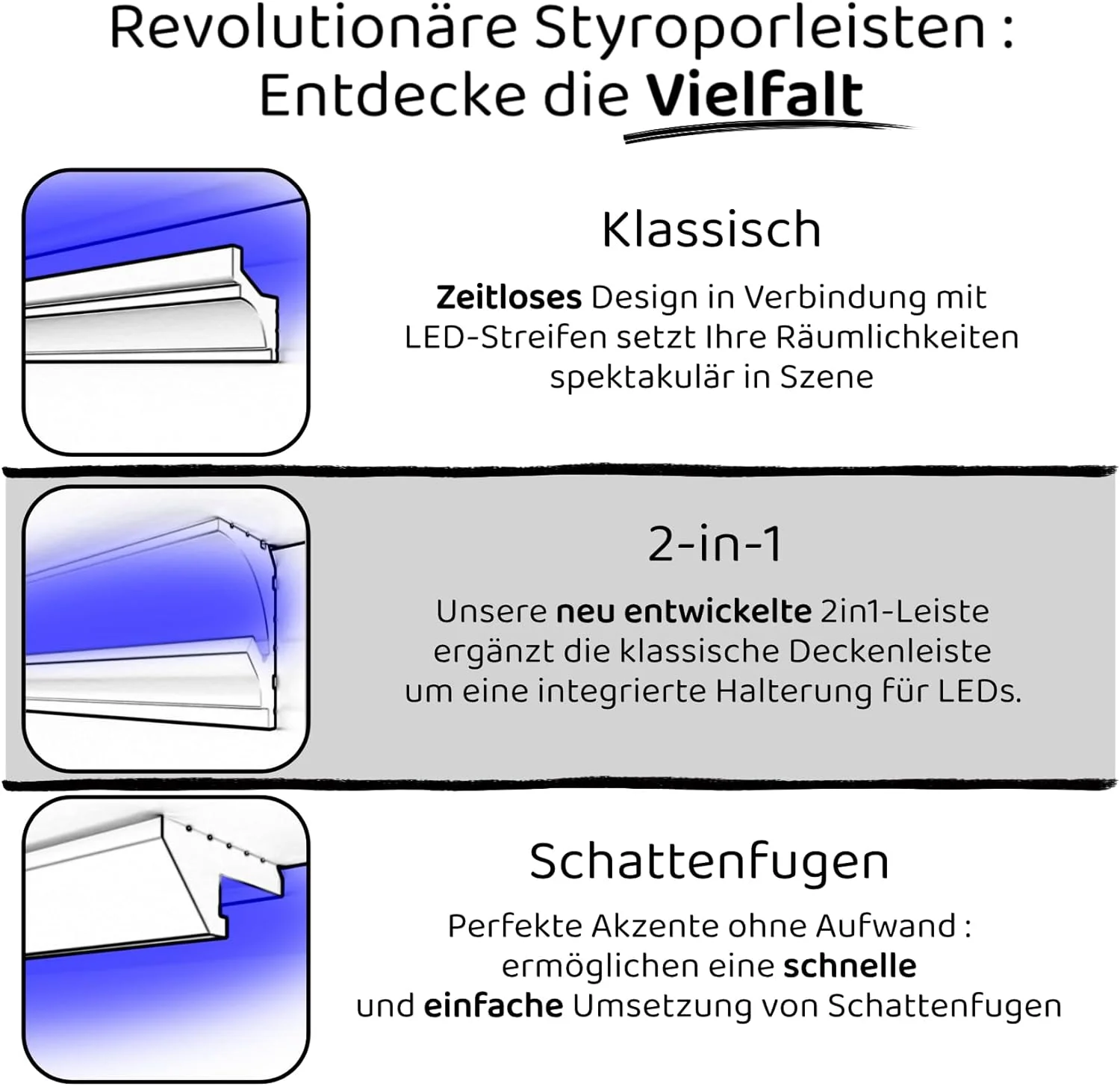 HEXIMO LED molduras de estuco 2en1, iluminación indirecta molduras de techo XPS poliestireno perfil de iluminación abombado (1,7 Metros HLED 5) - Imagen 4