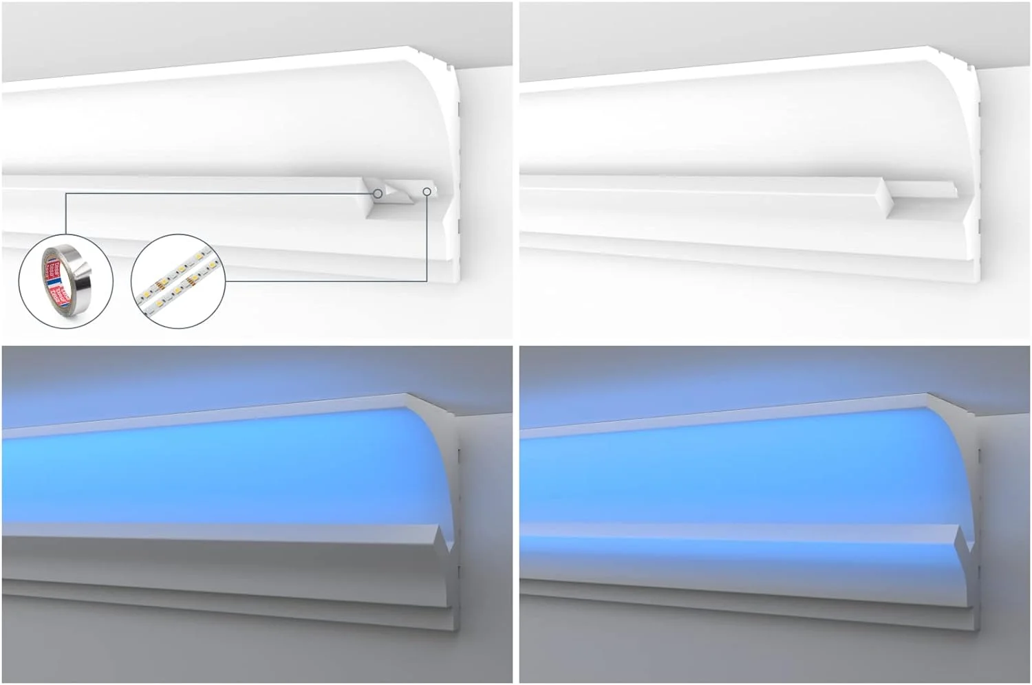 HEXIMO LED molduras de estuco 2en1, iluminación indirecta molduras de techo XPS poliestireno perfil de iluminación abombado (1,7 Metros HLED 5) - Imagen 5