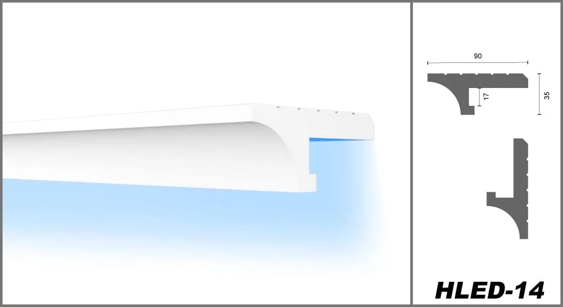 HEXIMO LED Perfil de sombra Molduras de estuco, iluminación indirecta Moldura Techo Luz Indirecta, Molduras Led de Poliestireno XPS luz abocinada (1,7 Metros HLED 14) - Imagen 2