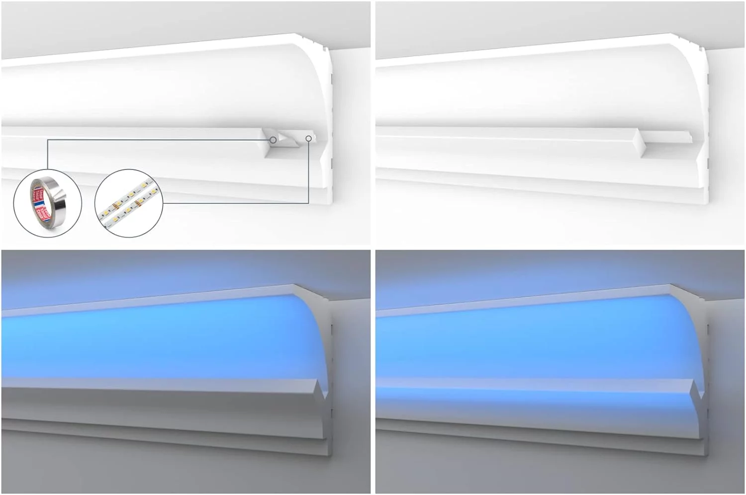 HEXIMO LED Perfil de sombra Molduras de estuco, iluminación indirecta Moldura Techo Luz Indirecta, Molduras Led de Poliestireno XPS luz abocinada (1,7 Metros HLED 14) - Imagen 5