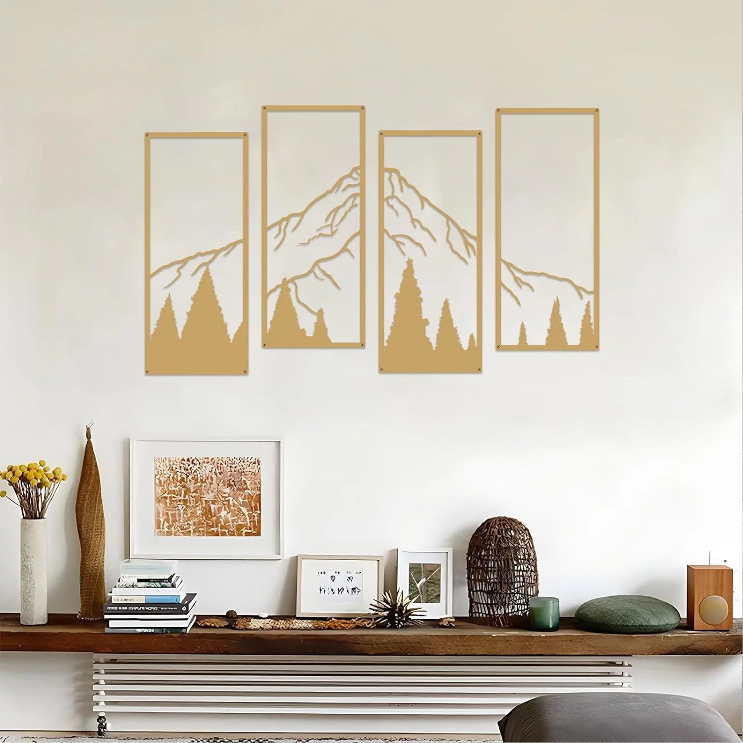 Ruelen 4-Piece Gold Metal Mountain and Forest Wall Art, Line Drawing, Minimalist Decor, Rustic Nature Home Sculpture for Office, Living Room, Bedroom