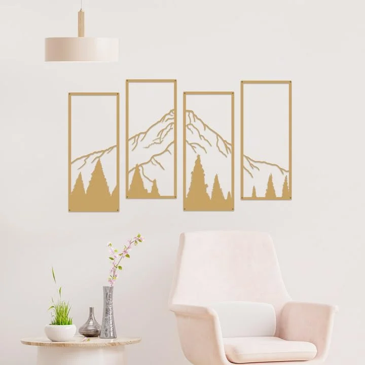 Ruelen 4-Piece Gold Metal Mountain and Forest Wall Art, Line Drawing, Minimalist Decor, Rustic Nature Home Sculpture for Office, Living Room, Bedroom - Image 2