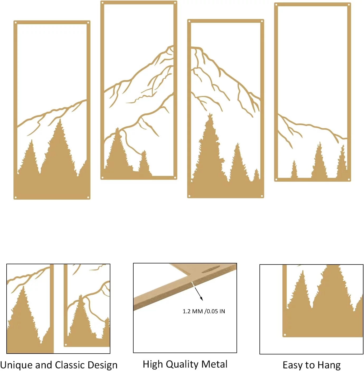 Ruelen 4-Piece Gold Metal Mountain and Forest Wall Art, Line Drawing, Minimalist Decor, Rustic Nature Home Sculpture for Office, Living Room, Bedroom - Image 3